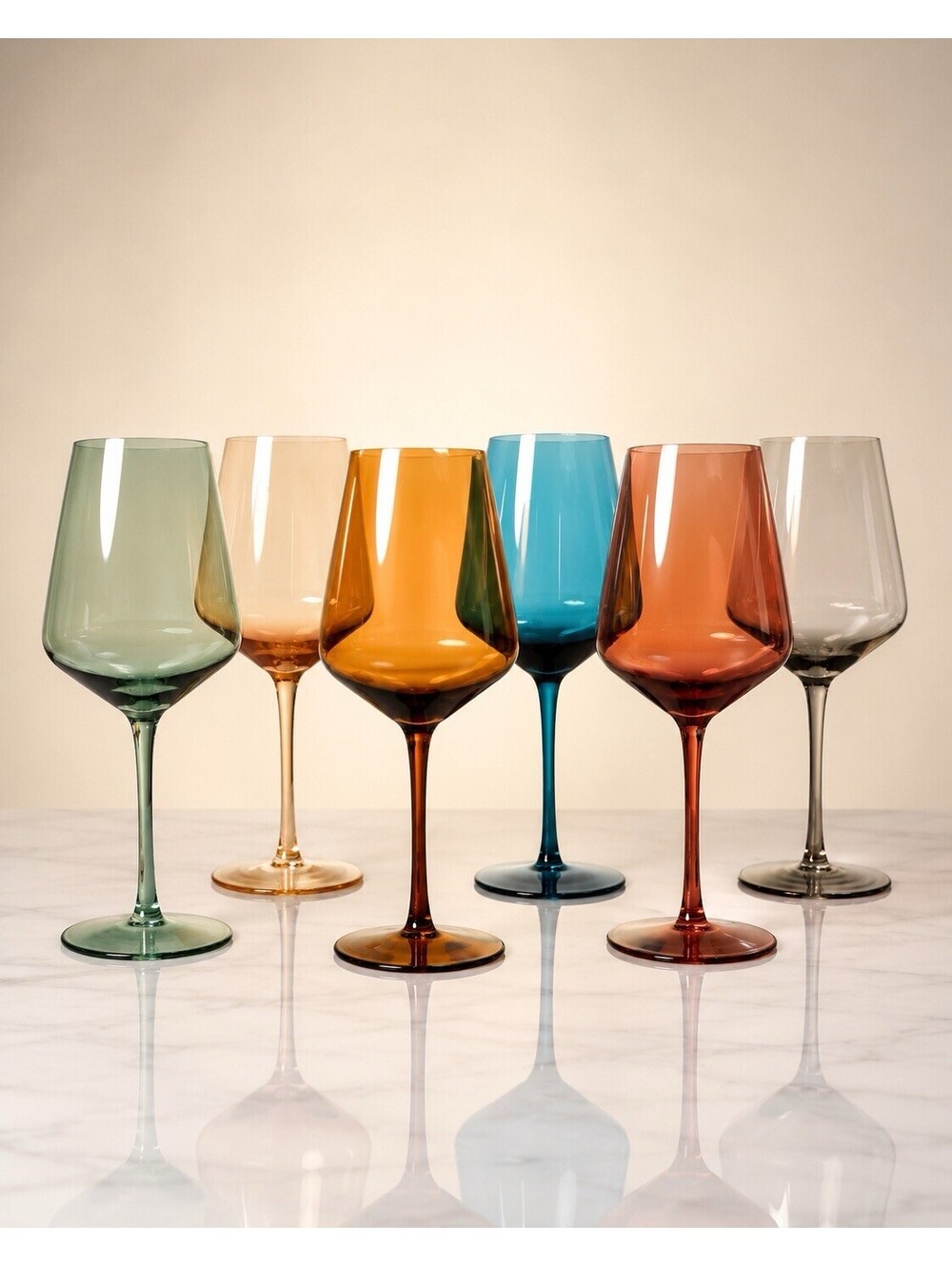 Set Of 6 Wine Glasses Hand Blown Assorted Jewel Tone Colors Glass, 2.5x9.25"